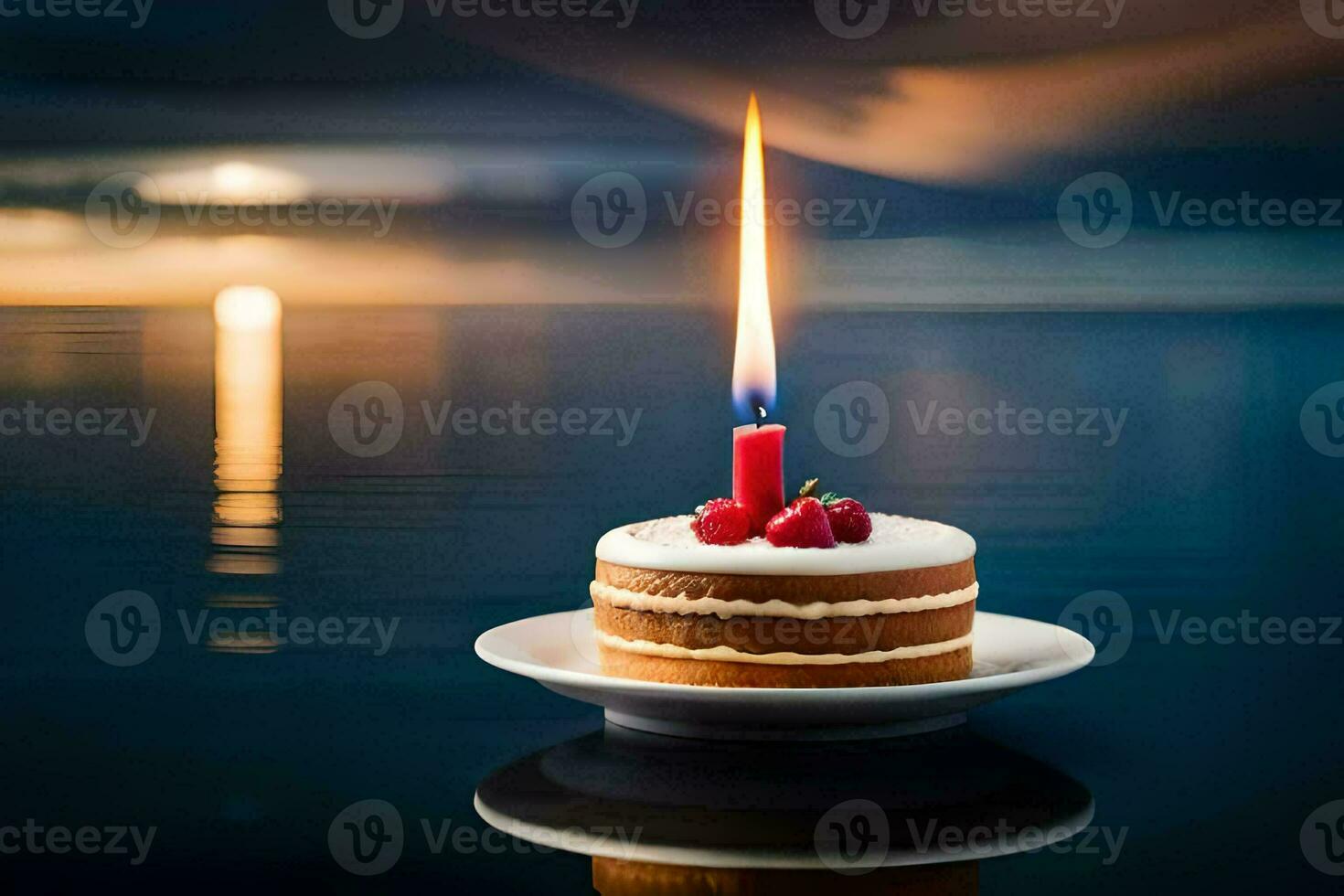 un' torta con un' singolo candela su superiore di esso. ai-generato foto