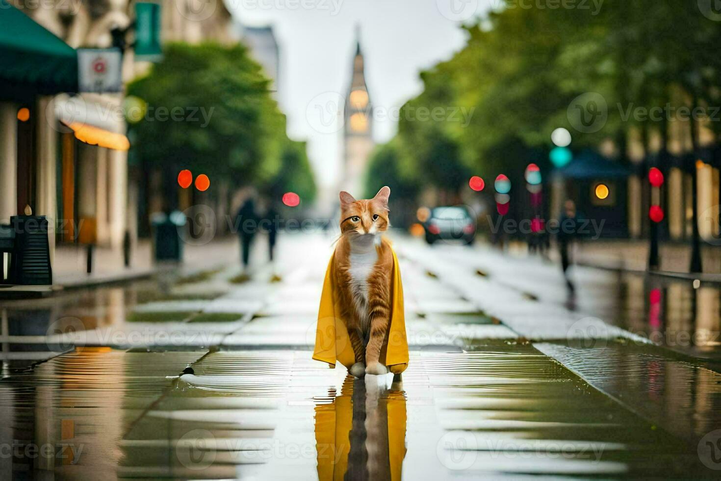 un' gatto nel un' giallo impermeabile a piedi giù un' strada. ai-generato foto