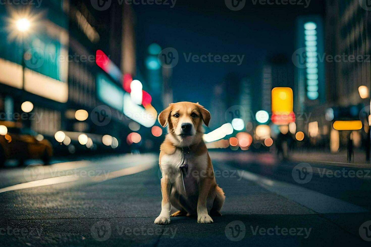 un' cane seduta su il strada a notte. ai-generato foto