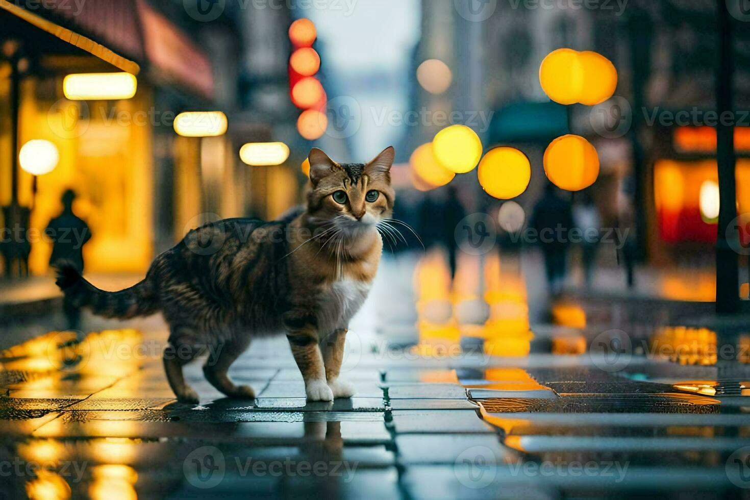 un' gatto a piedi su un' bagnato strada a notte. ai-generato foto