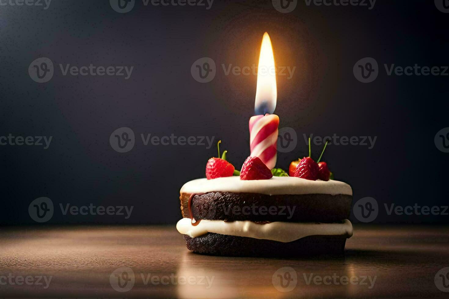 un' piccolo compleanno torta con un' singolo candela. ai-generato foto