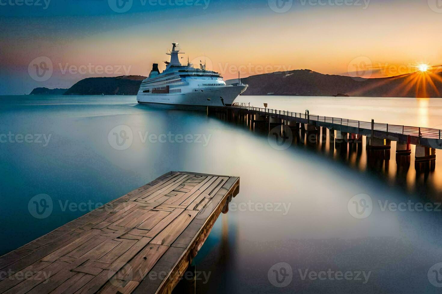 un' crociera nave attraccato a il molo a tramonto. ai-generato foto