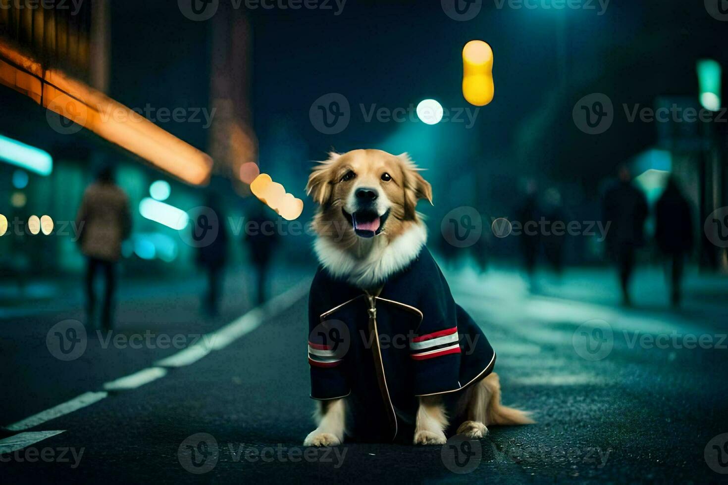 un' cane indossare un' giacca si siede su il strada a notte. ai-generato foto