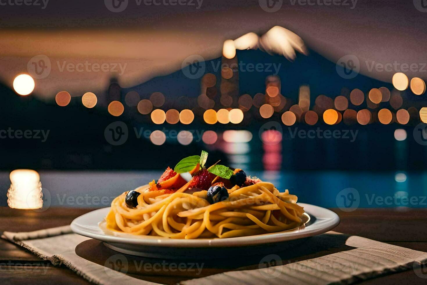 spaghetti con montagna Visualizza a notte. ai-generato foto