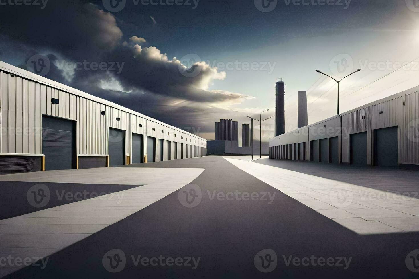 un' lungo vuoto strada con un' fabbrica edificio nel il sfondo. ai-generato foto