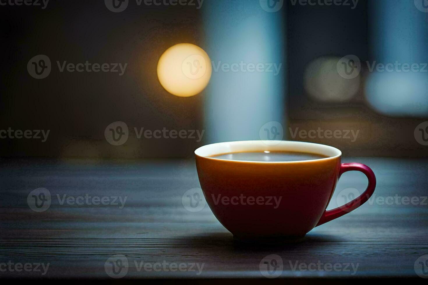 un' rosso tazza di caffè su un' di legno tavolo. ai-generato foto