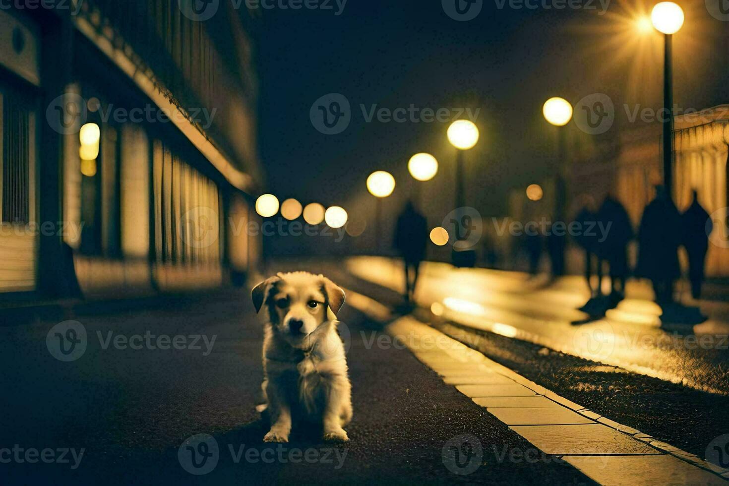 un' cane seduta su il strada a notte. ai-generato foto