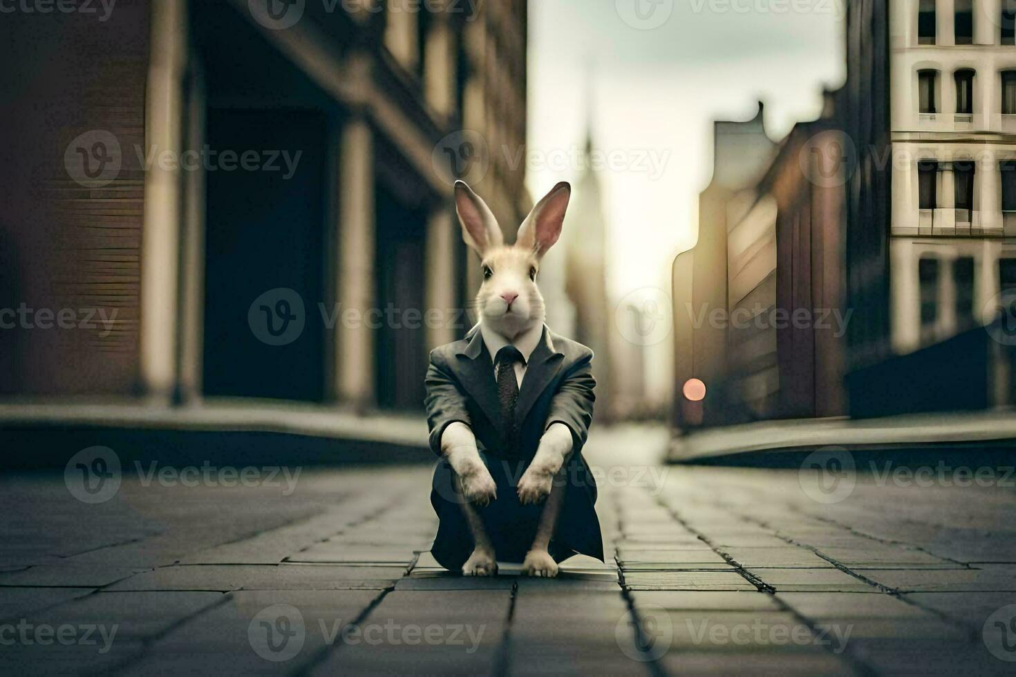 un' coniglio nel un' completo da uomo e cravatta seduta su il strada. ai-generato foto