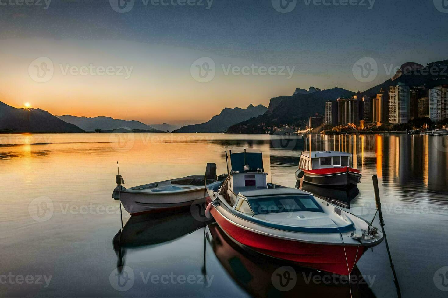 Barche attraccato a il riva di un' lago a tramonto. ai-generato foto