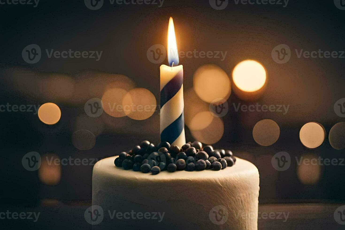 un' compleanno torta con un' singolo candela su esso. ai-generato foto