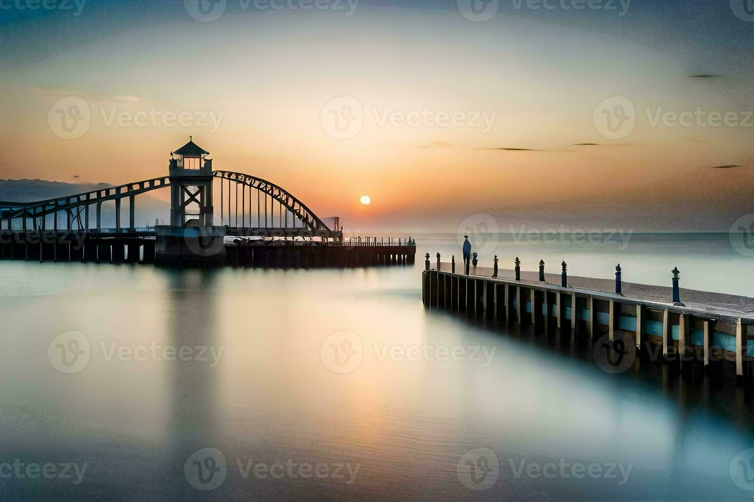 un' molo con un' ponte e un' faro a tramonto. ai-generato foto