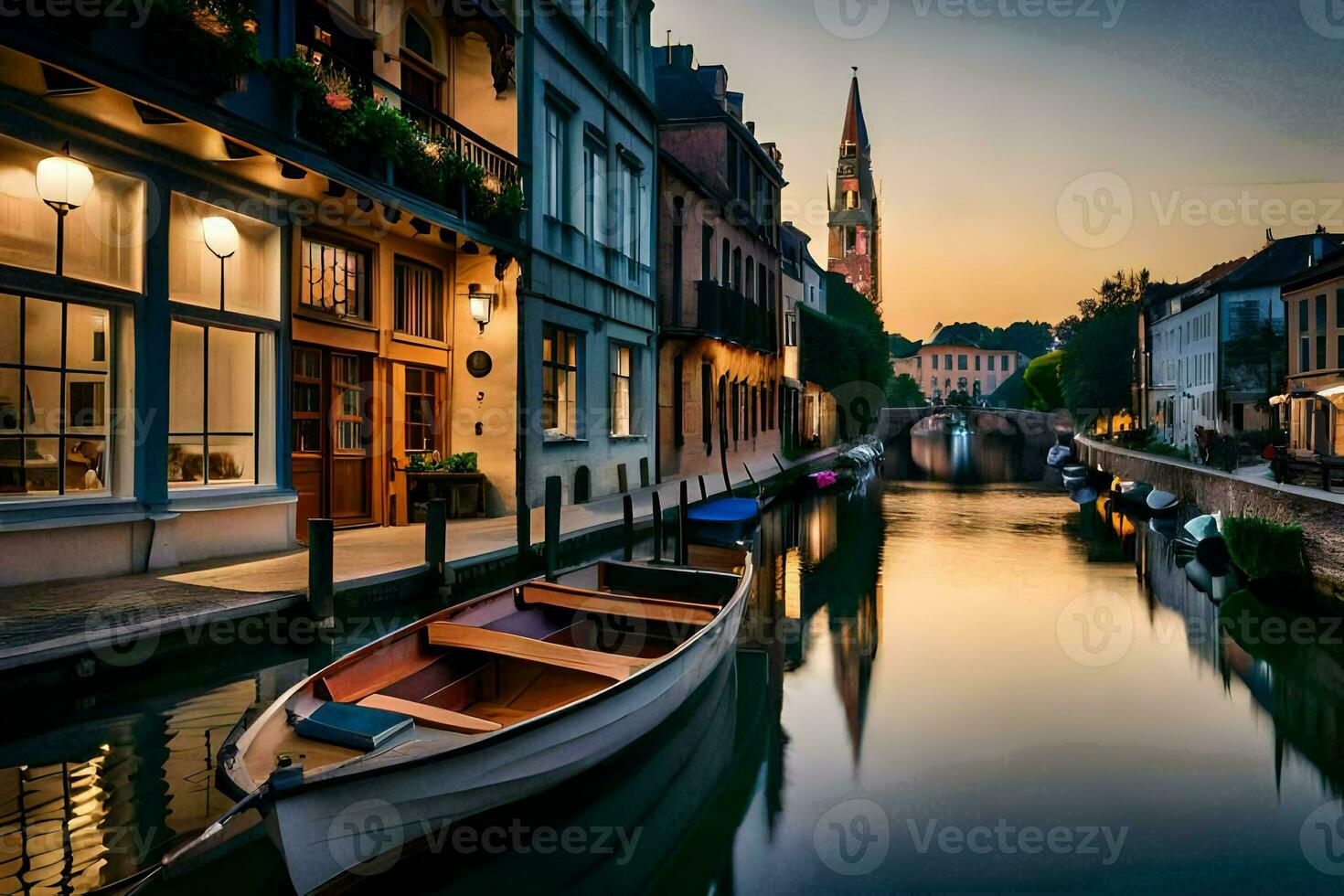 un' barca è attraccato nel un' canale a tramonto. ai-generato foto