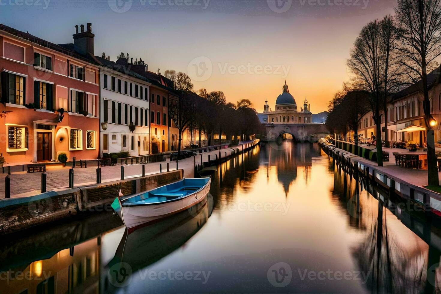 un' barca è attraccato nel un' canale a tramonto. ai-generato foto