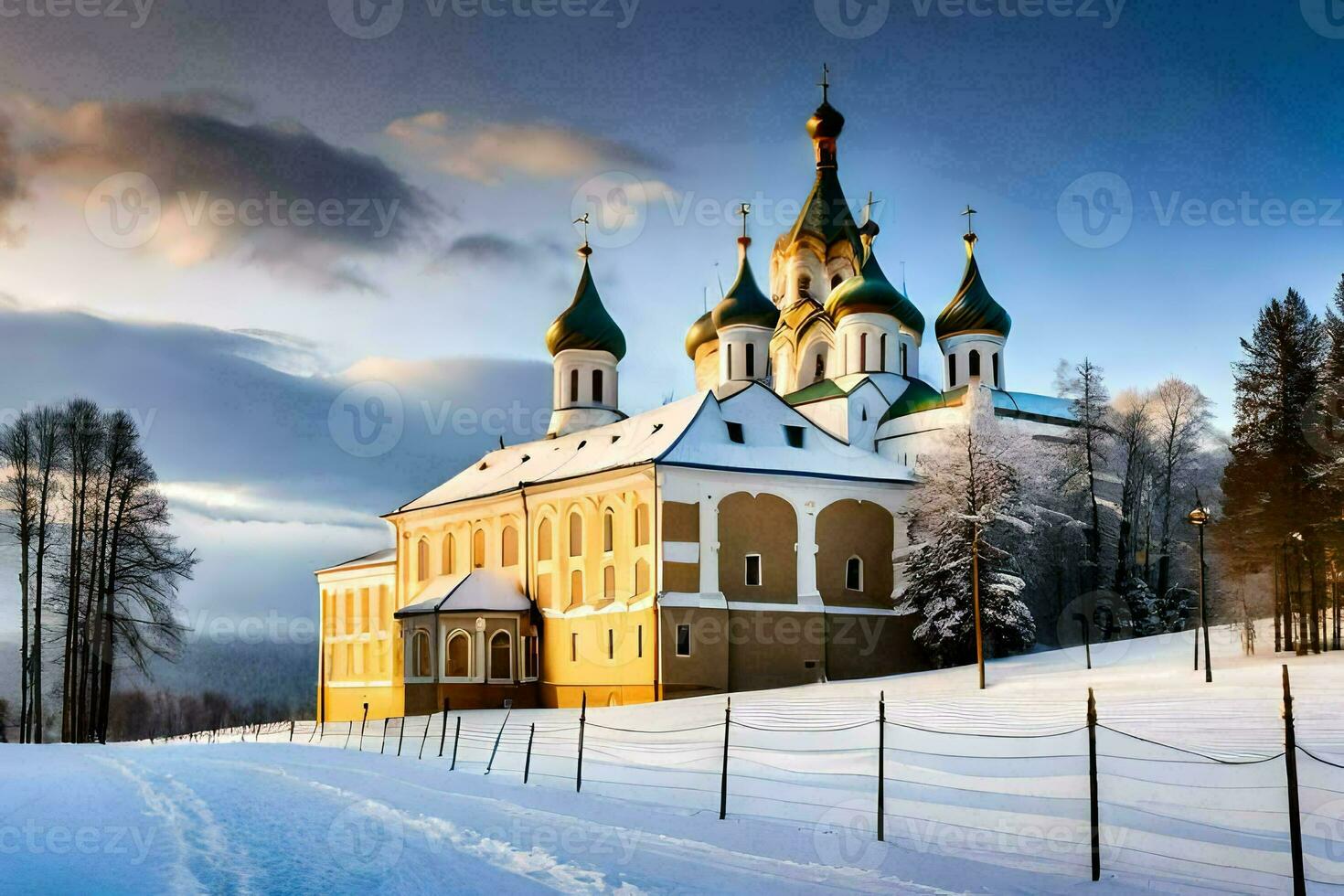 un' Chiesa nel il neve con un' nevoso strada. ai-generato foto