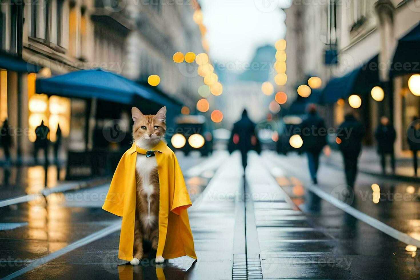 un' gatto vestito nel un' giallo impermeabile in piedi su un' città strada. ai-generato foto
