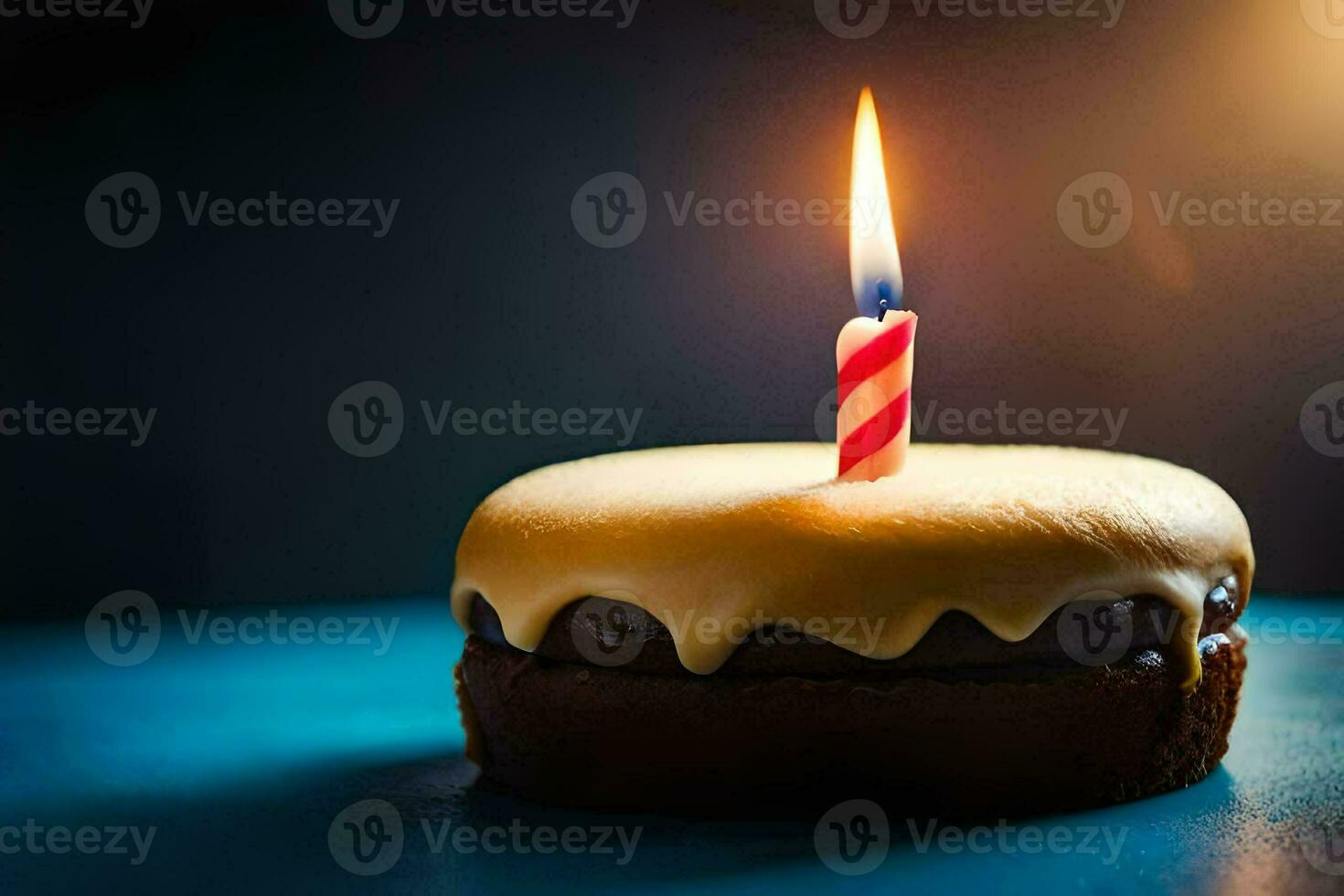 un' singolo candela è illuminato su un' cioccolato torta. ai-generato foto