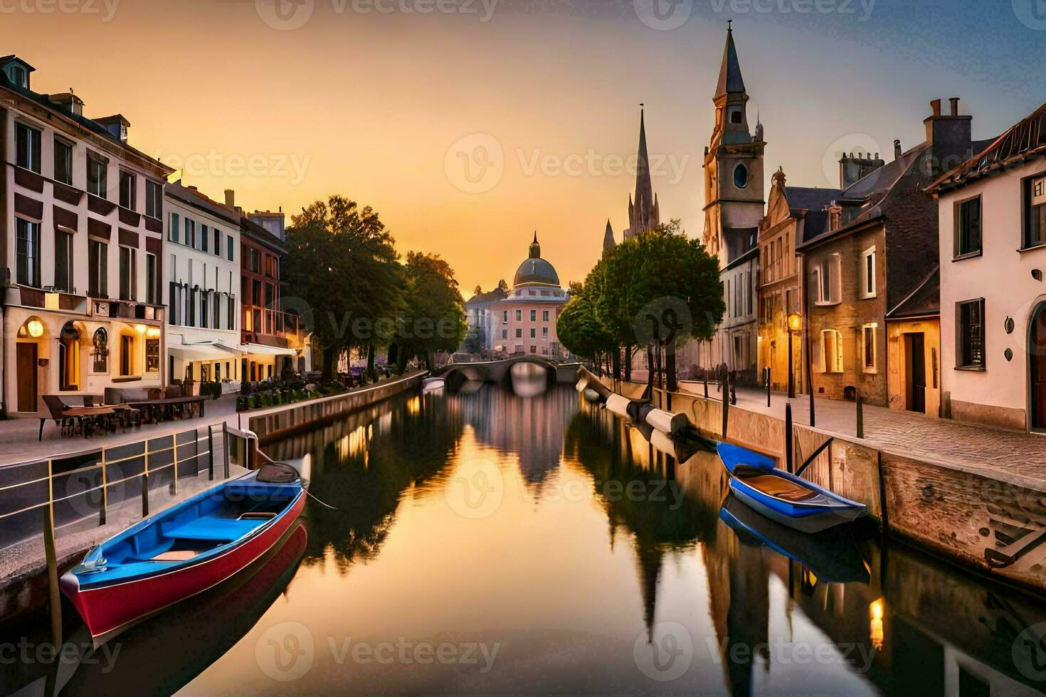 Barche siamo attraccato nel un' canale a tramonto. ai-generato foto