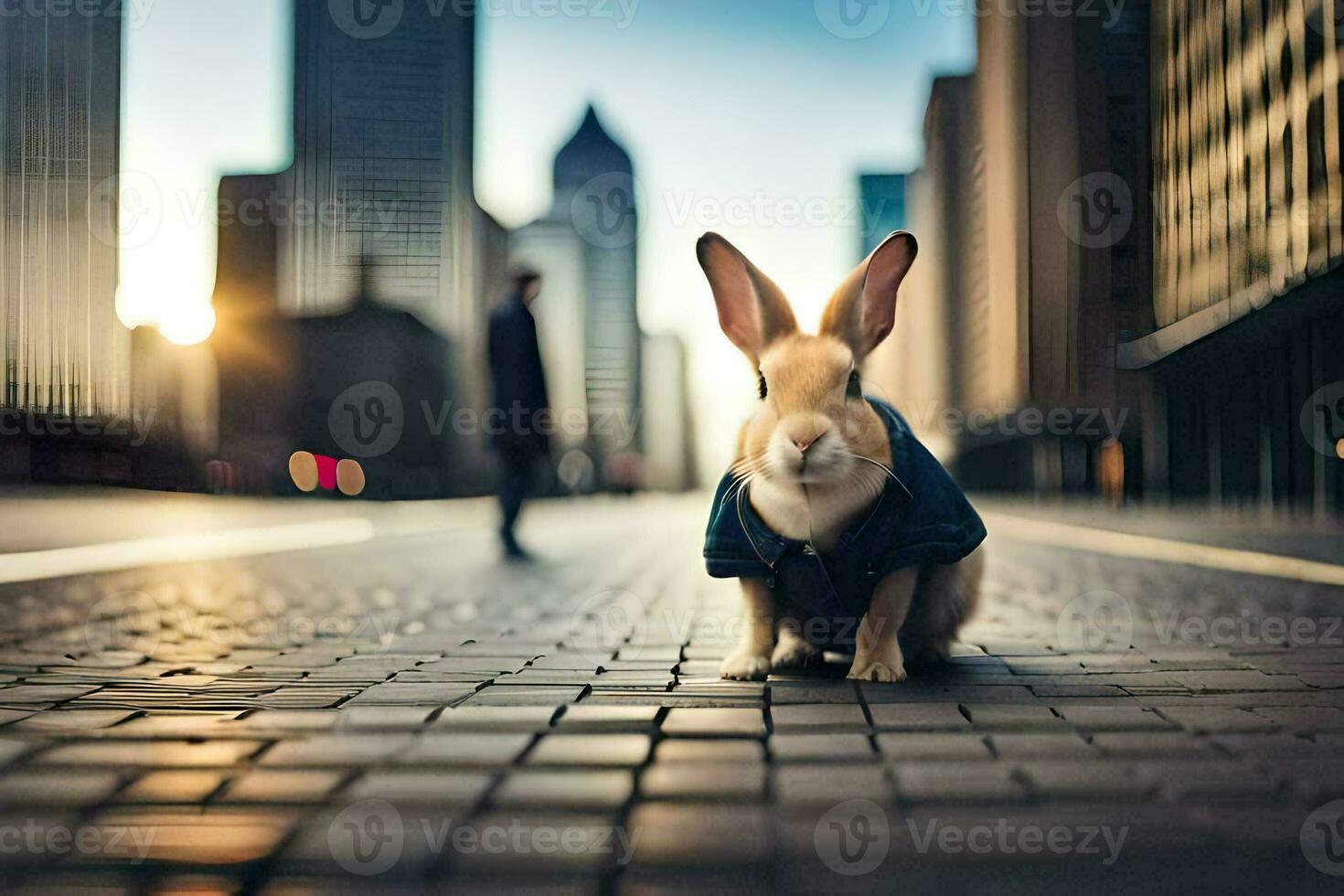 un' coniglio nel un' blu giacca seduta su il terra. ai-generato foto