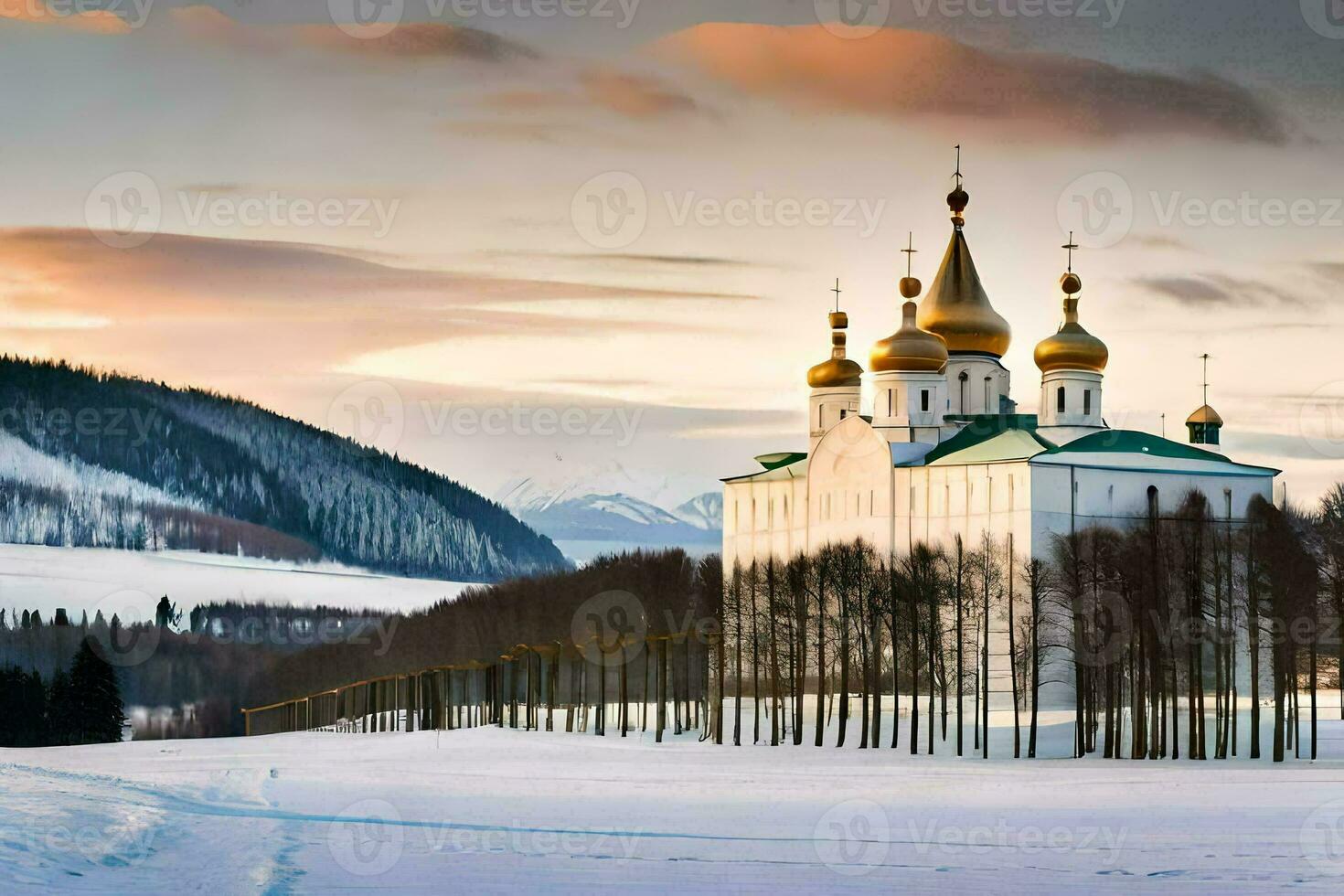 un' Chiesa nel il neve con alberi e montagne nel il sfondo. ai-generato foto