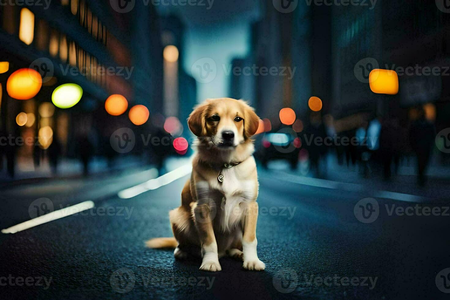 un' cane seduta su il strada a notte. ai-generato foto