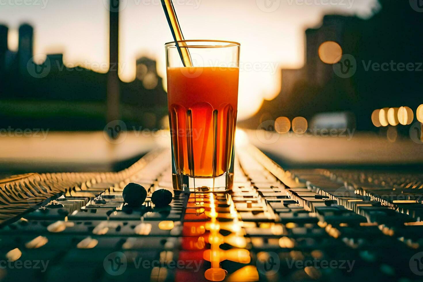 un' bicchiere di arancia succo seduta su un' tavolo nel il mezzo di un' città. ai-generato foto