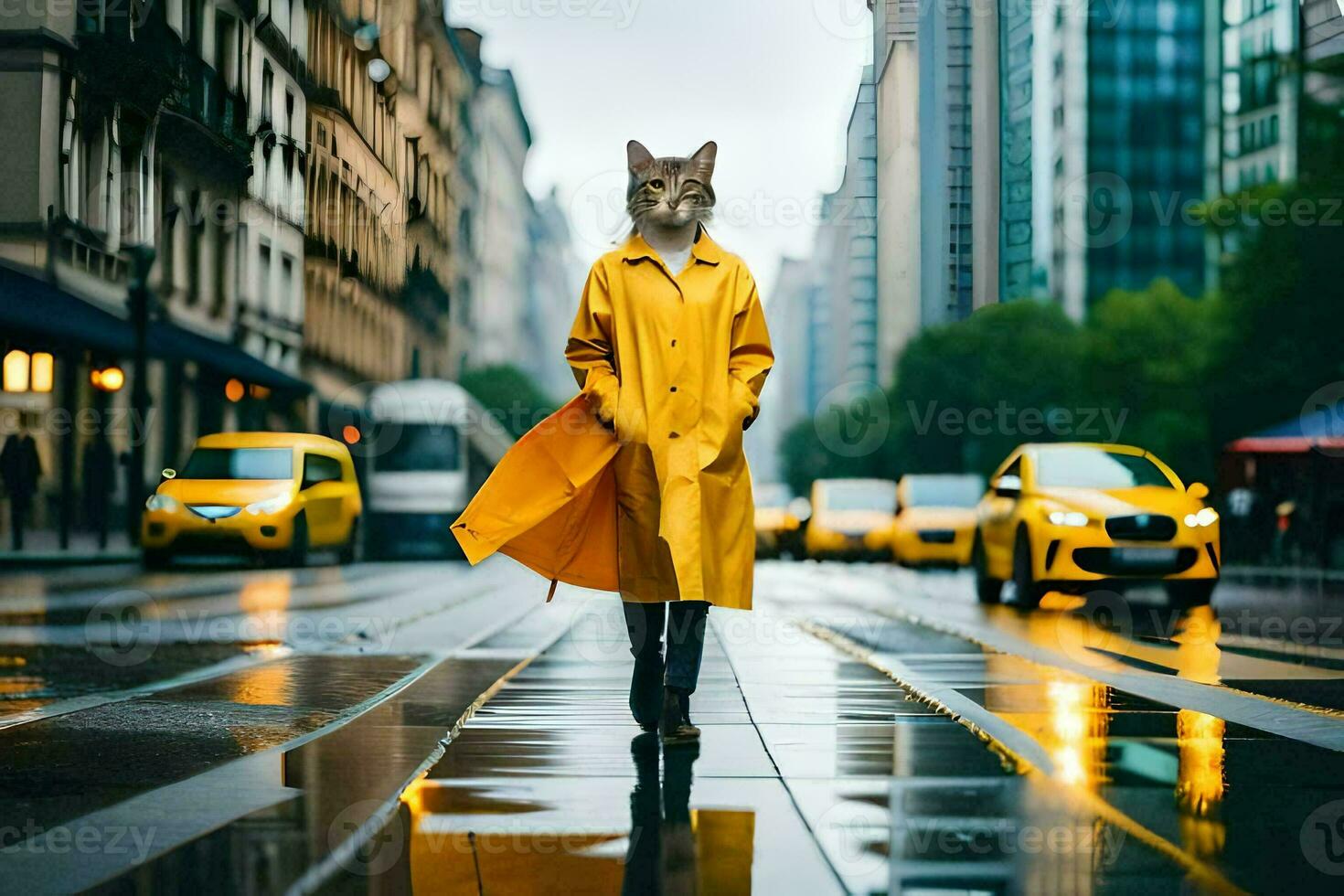 un' gatto indossare un' giallo impermeabile su un' piovoso giorno. ai-generato foto