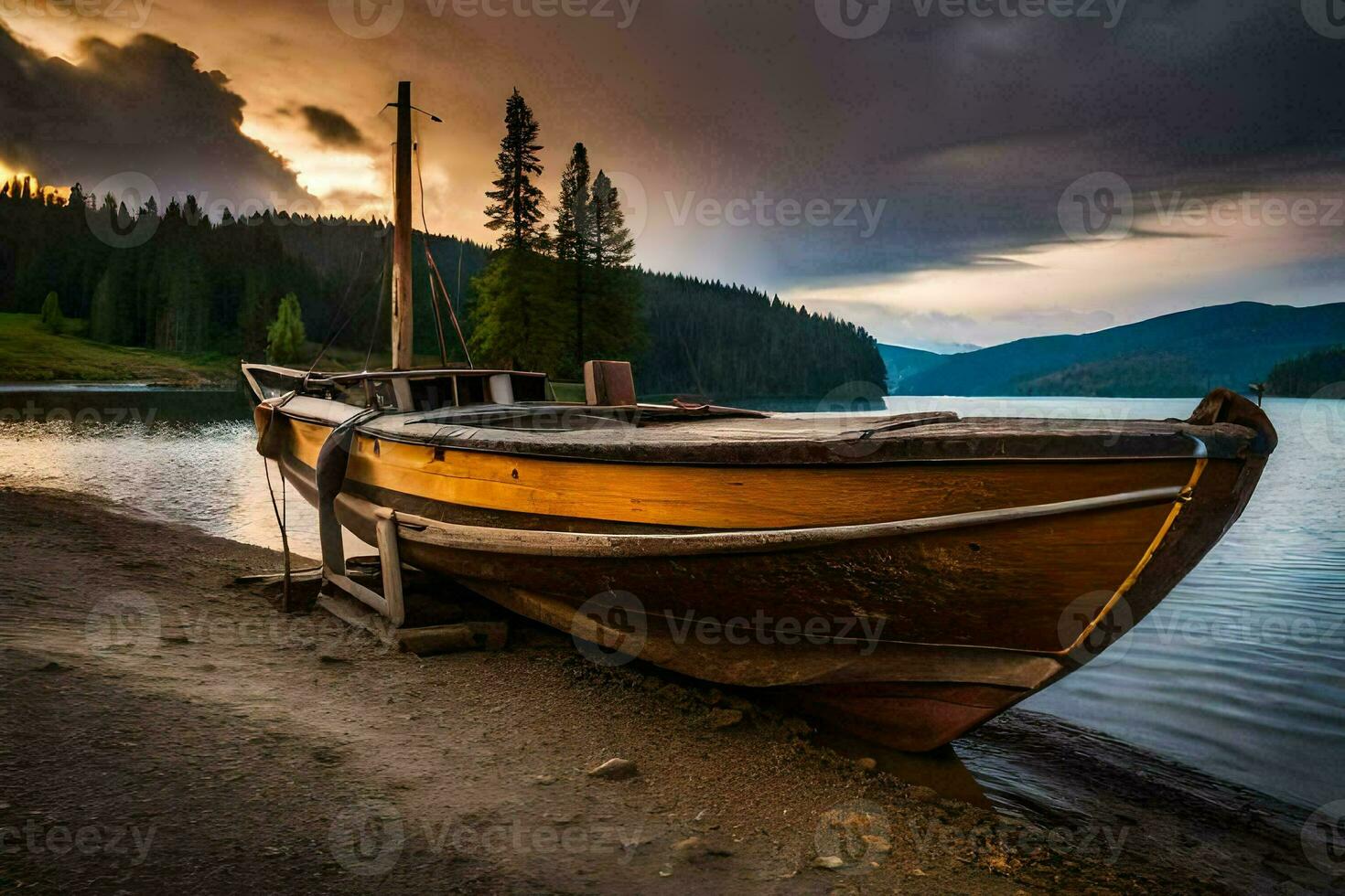 un' barca si siede su il riva di un' lago a tramonto. ai-generato foto