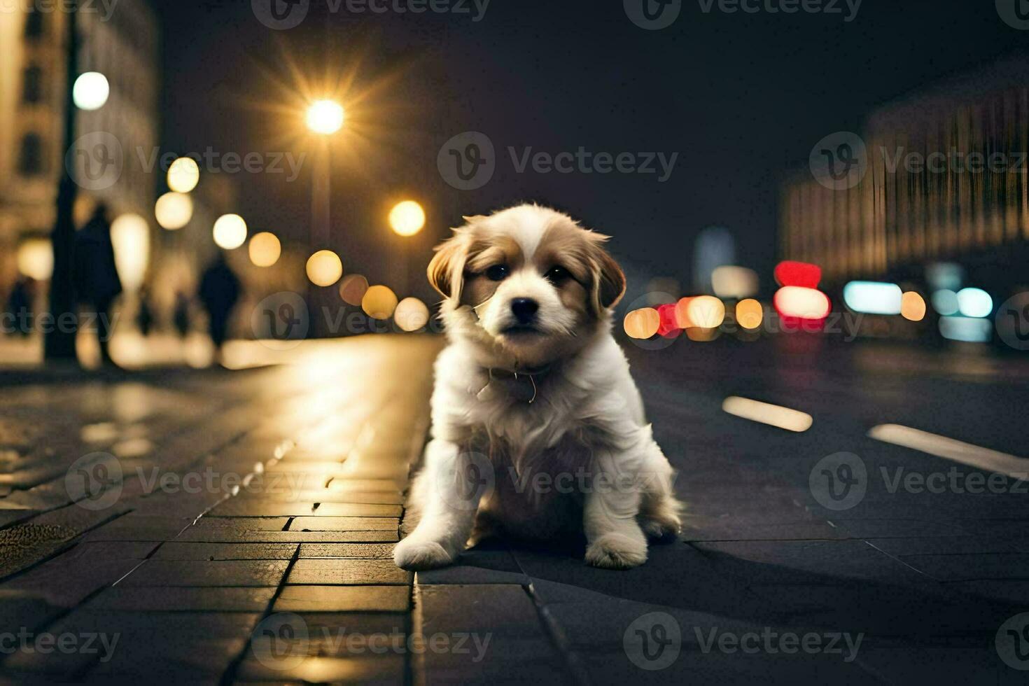 un' cucciolo seduta su il strada a notte. ai-generato foto