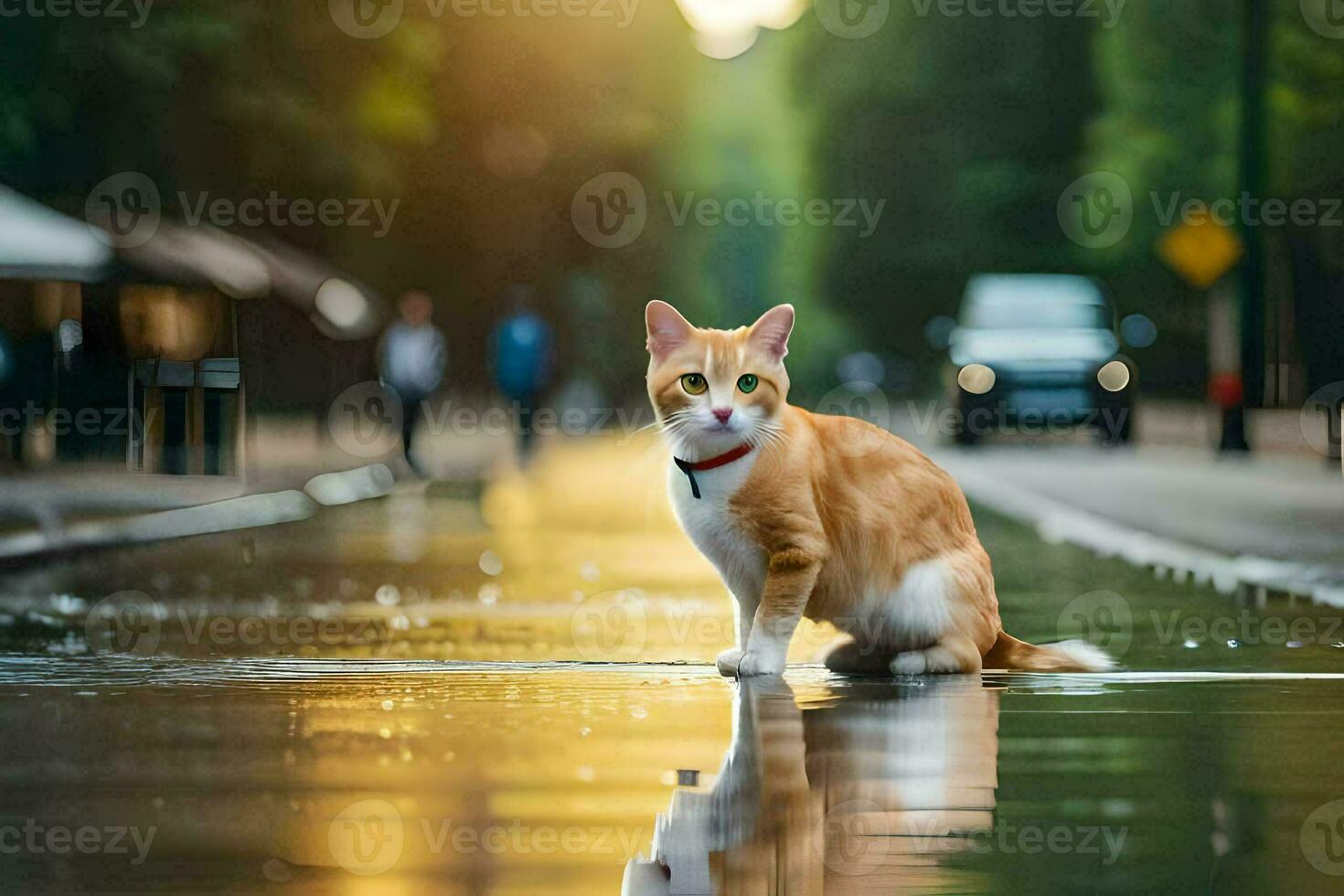 un' gatto è in piedi su un' bagnato strada. ai-generato foto