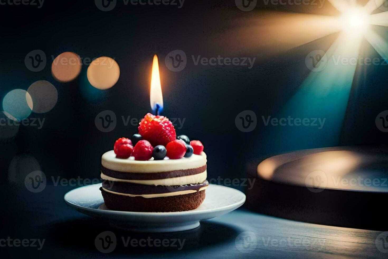 un' piccolo torta con frutti di bosco e un' candela. ai-generato foto