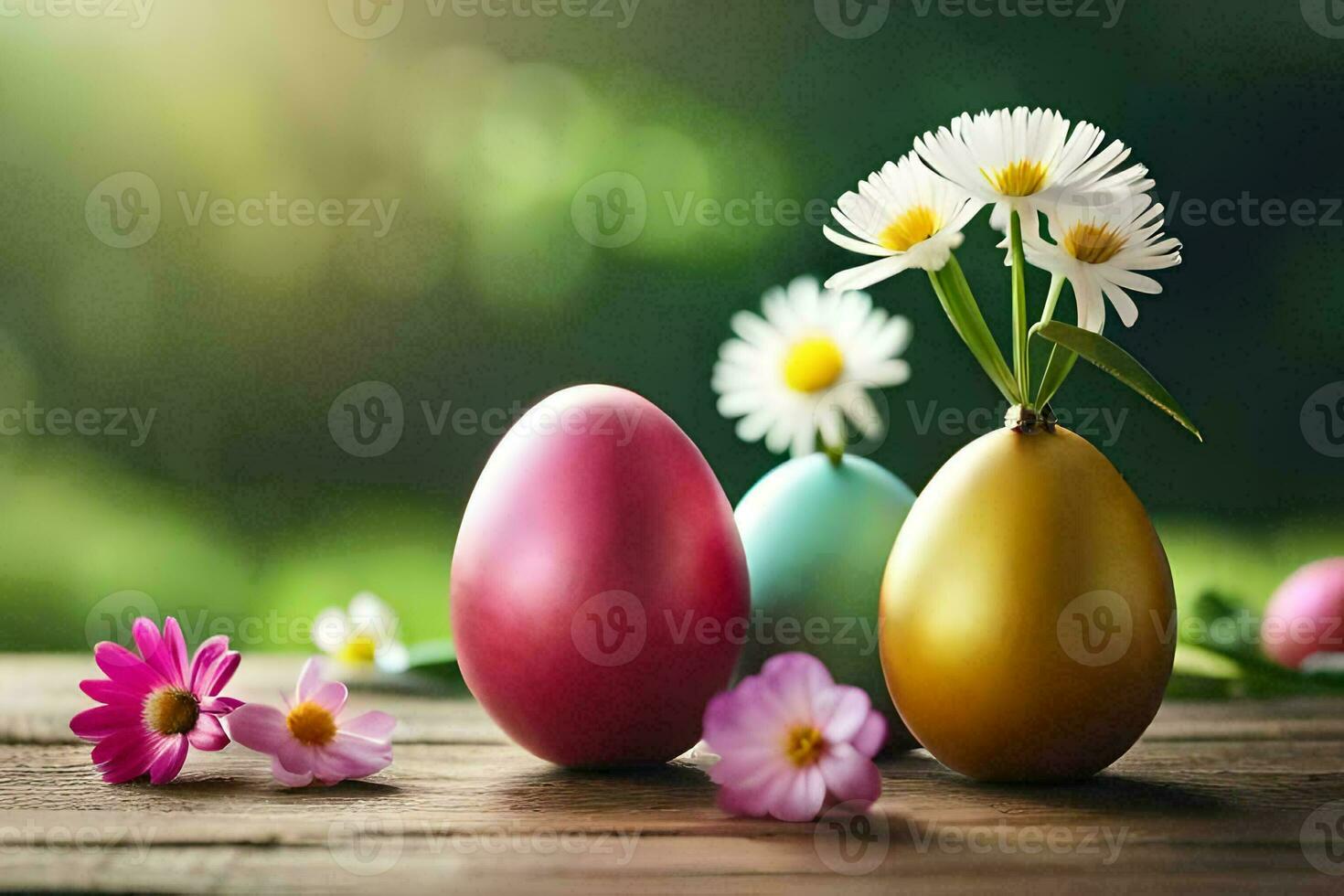 Pasqua uova e margherite nel un' vaso su un' di legno tavolo. ai-generato foto