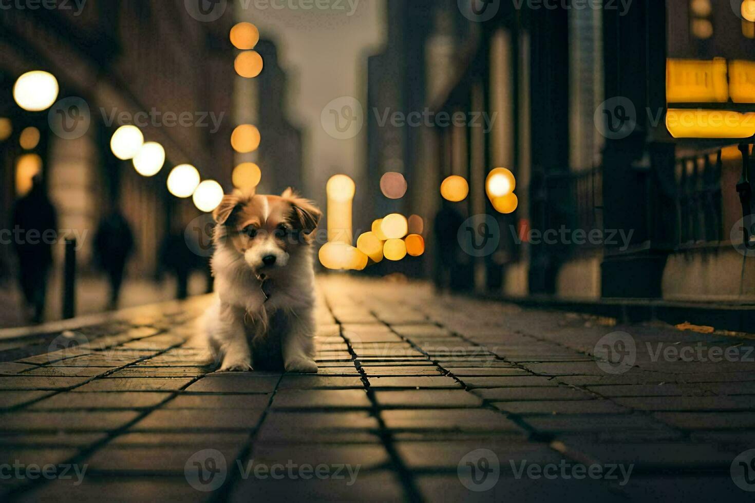 un' piccolo cane è in piedi su un' mattone strada a notte. ai-generato foto