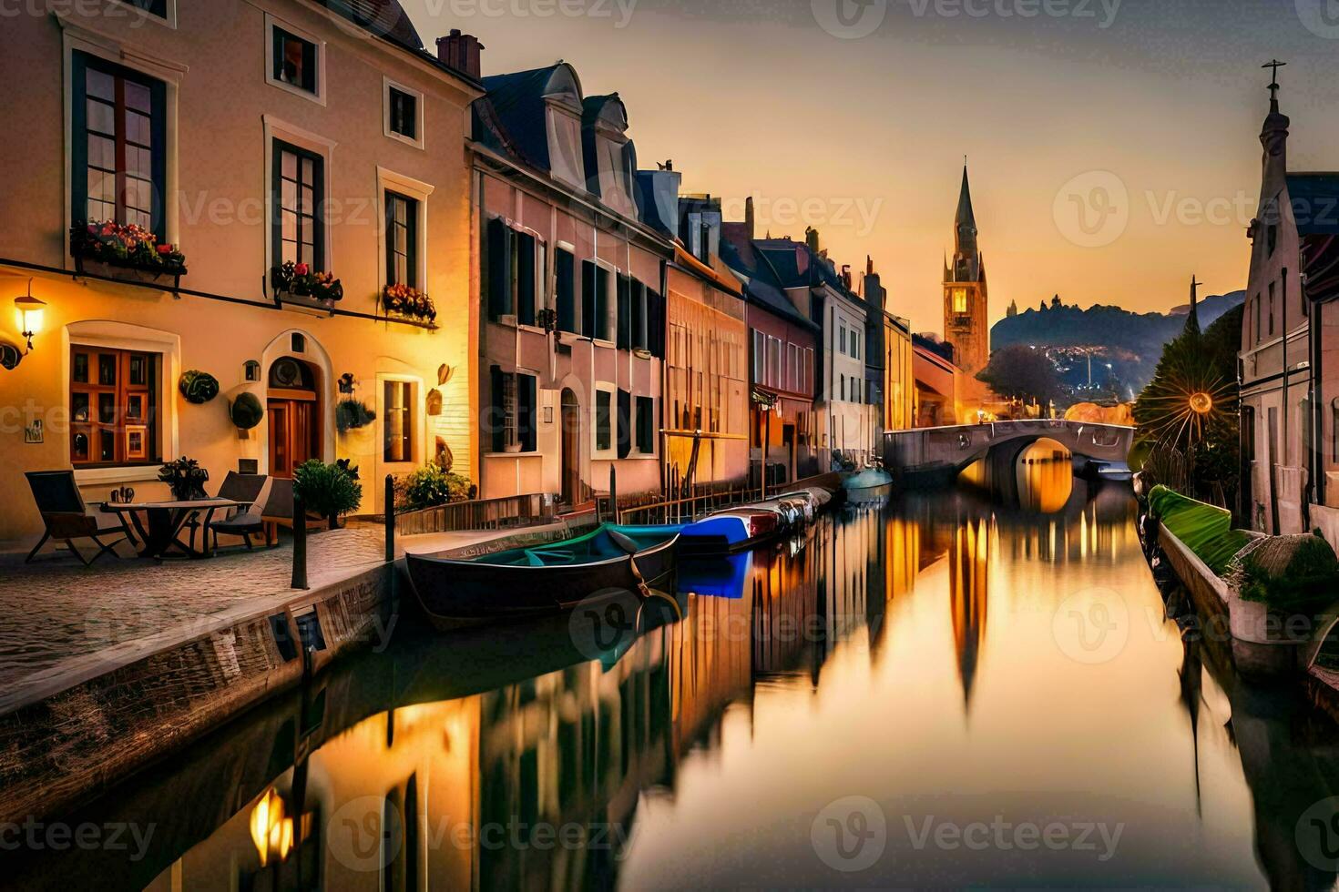 un' canale nel un' città a tramonto. ai-generato foto