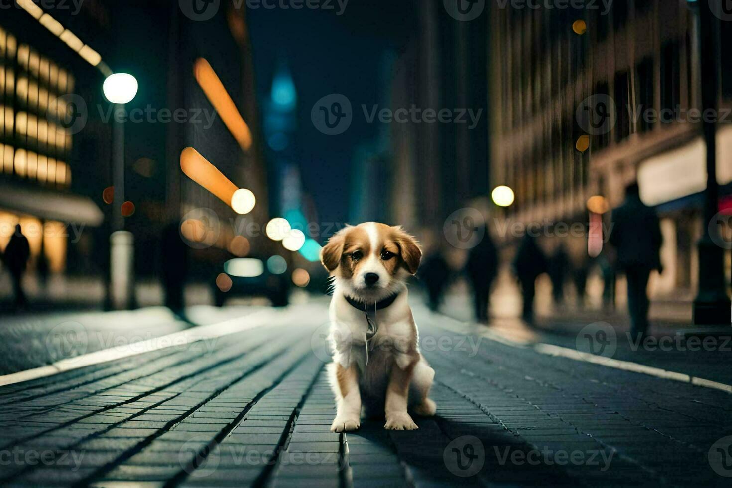 un' cucciolo seduta su il strada a notte. ai-generato foto