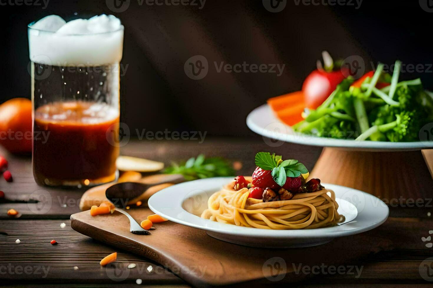 spaghetti e insalata su un' di legno tavolo. ai-generato foto