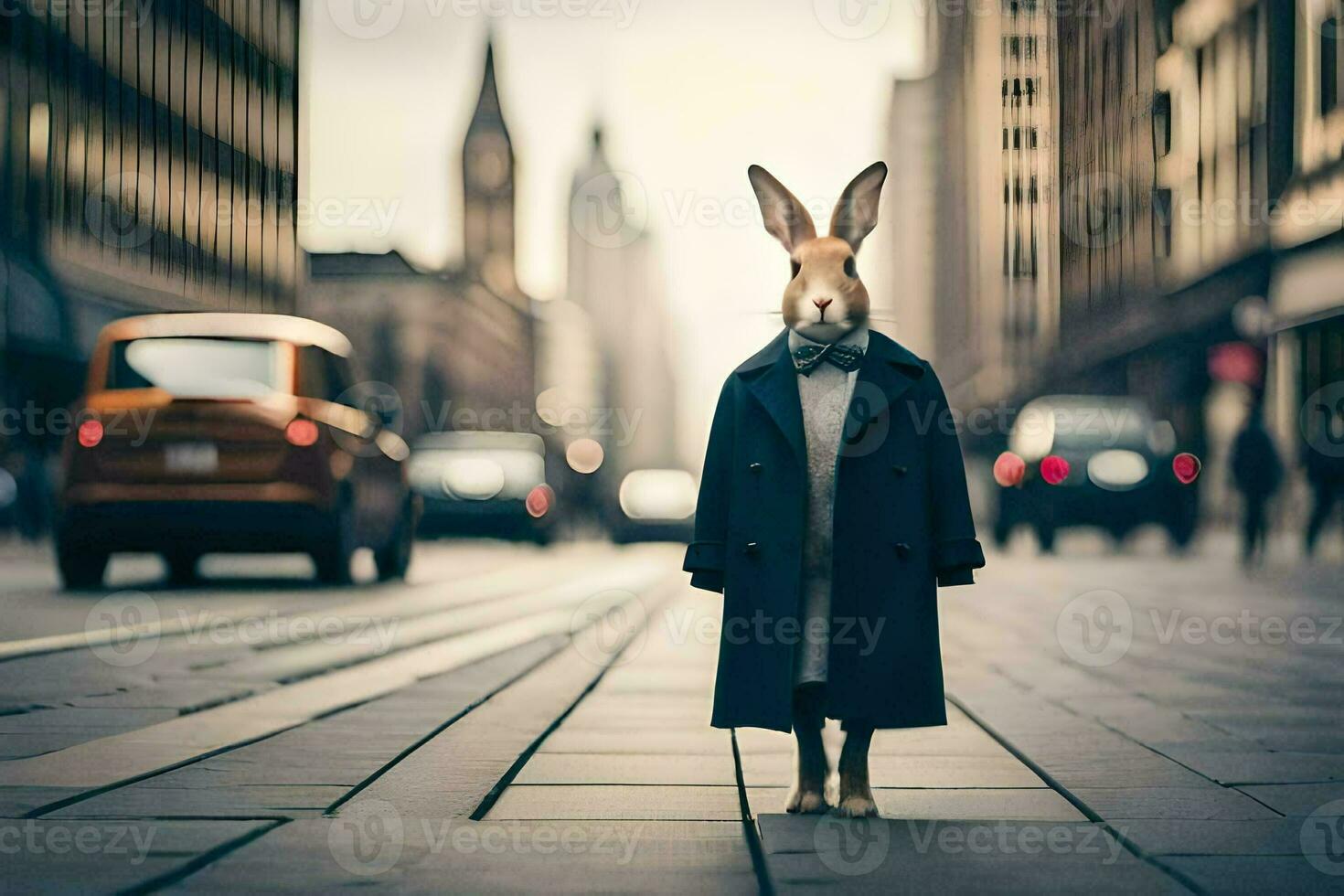 un' coniglio indossare un' cappotto e cravatta in piedi su un' strada. ai-generato foto