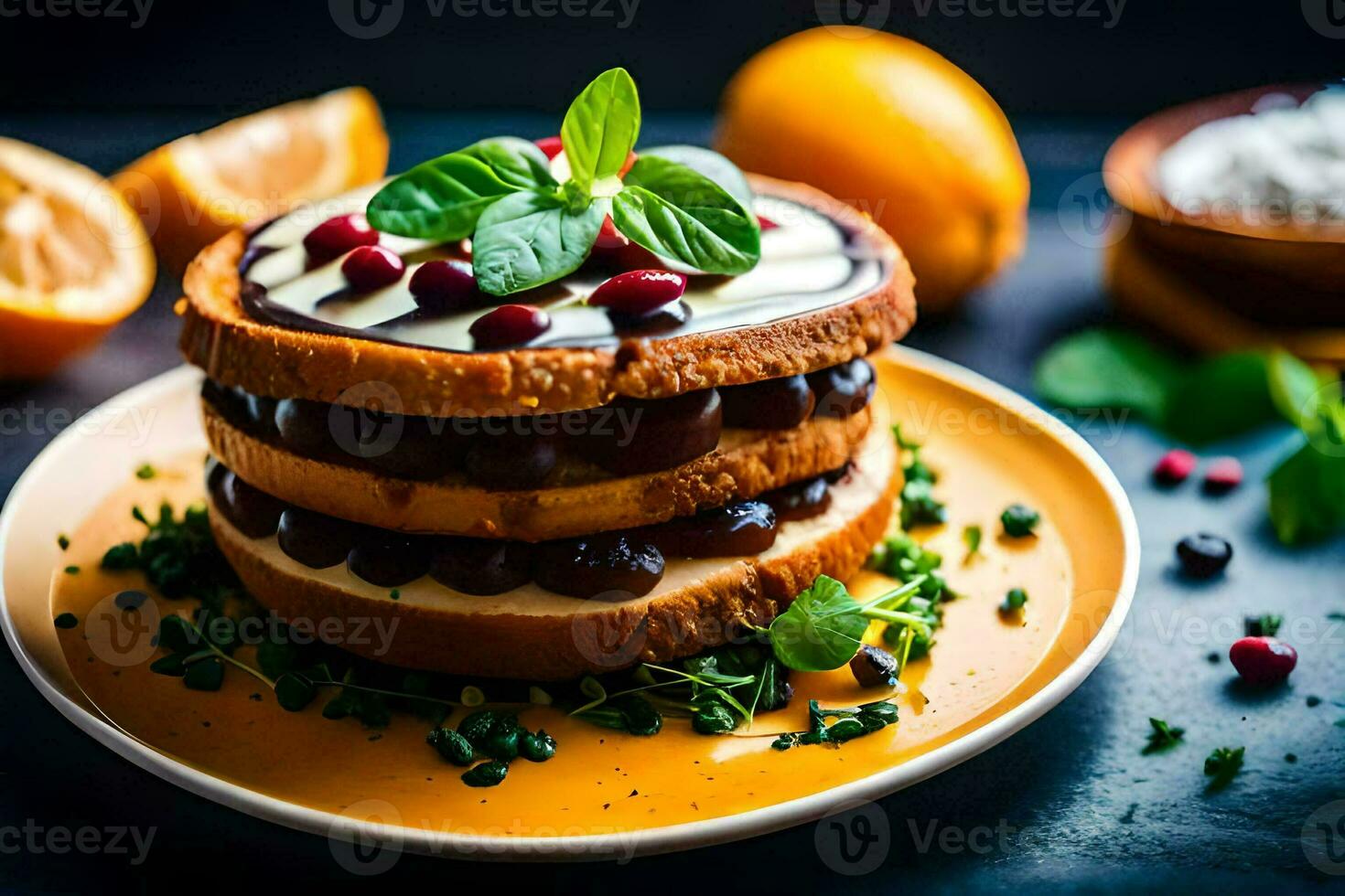 un' pila di torta con arance e menta le foglie. ai-generato foto