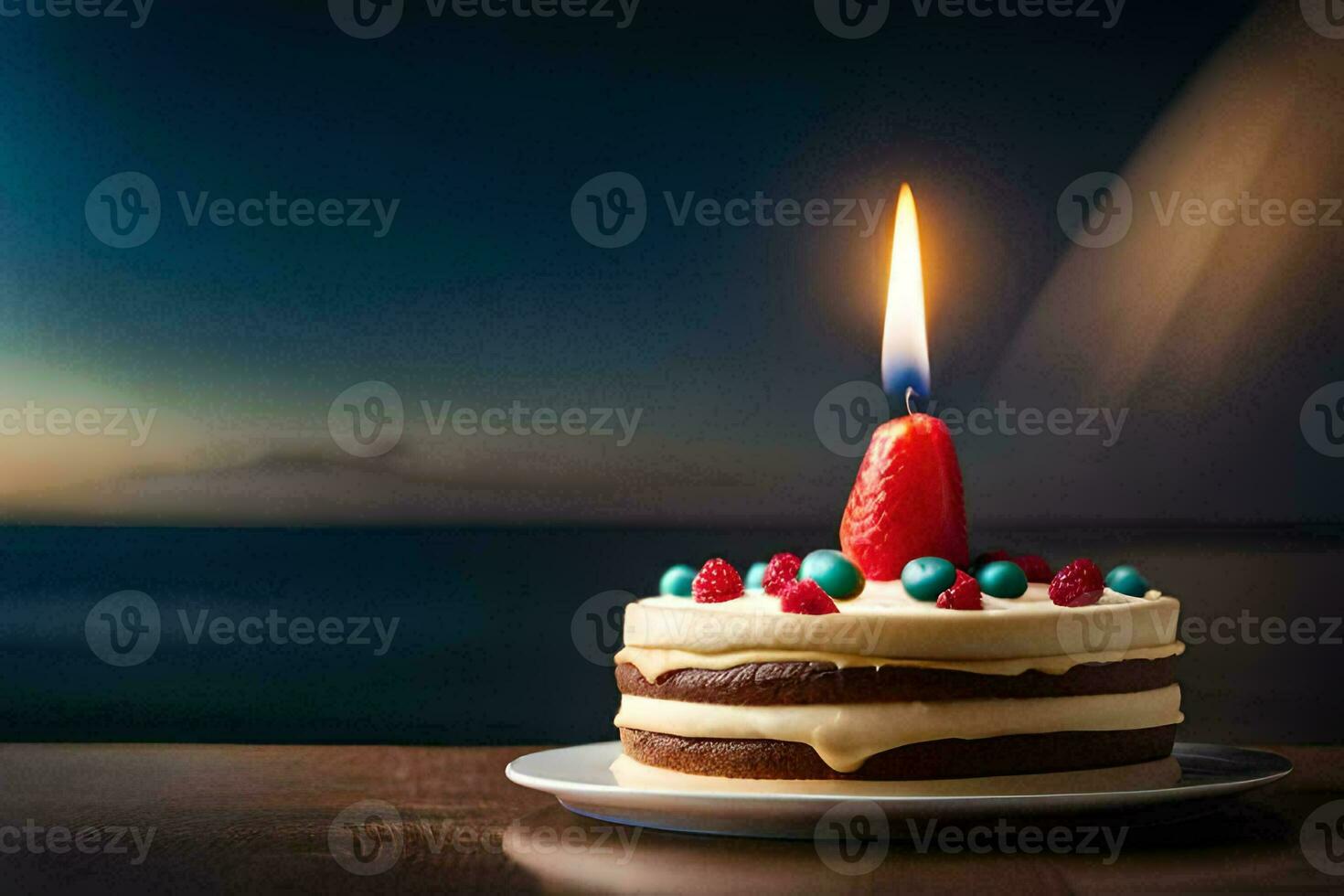 un' compleanno torta con un' singolo candela su superiore. ai-generato foto