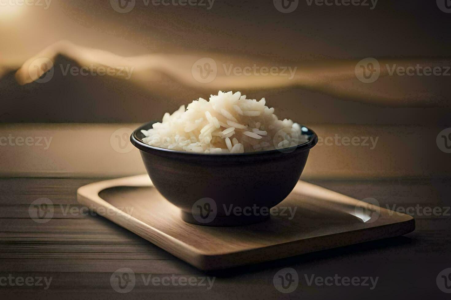 un' ciotola di riso su un' di legno vassoio. ai-generato foto