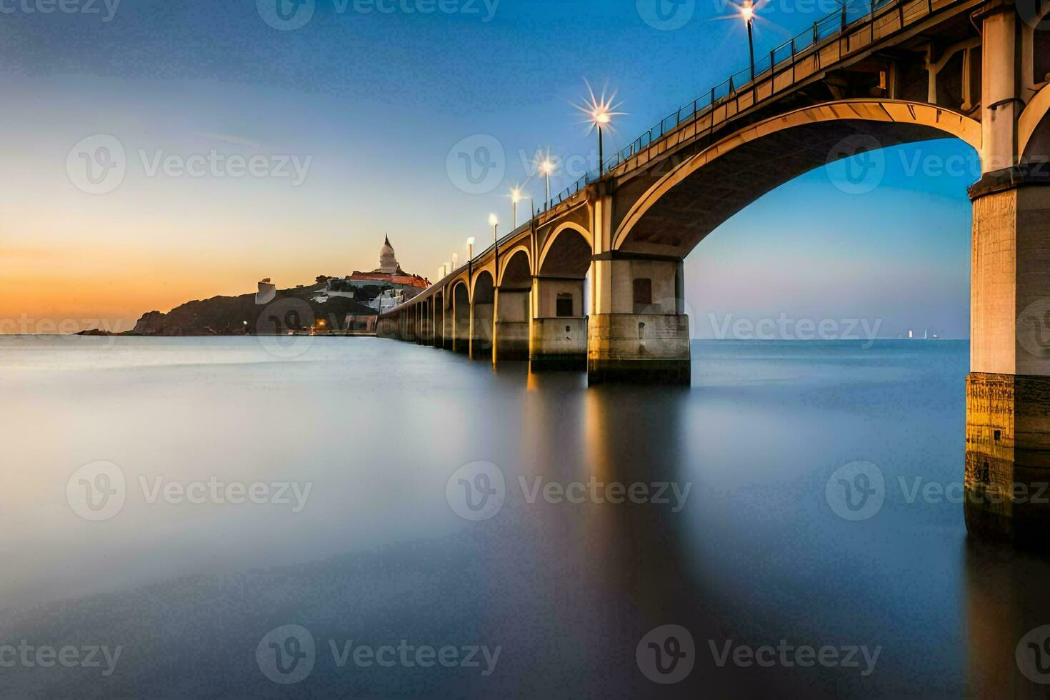 un' lungo esposizione fotografia di un' ponte al di sopra di il oceano. ai-generato foto