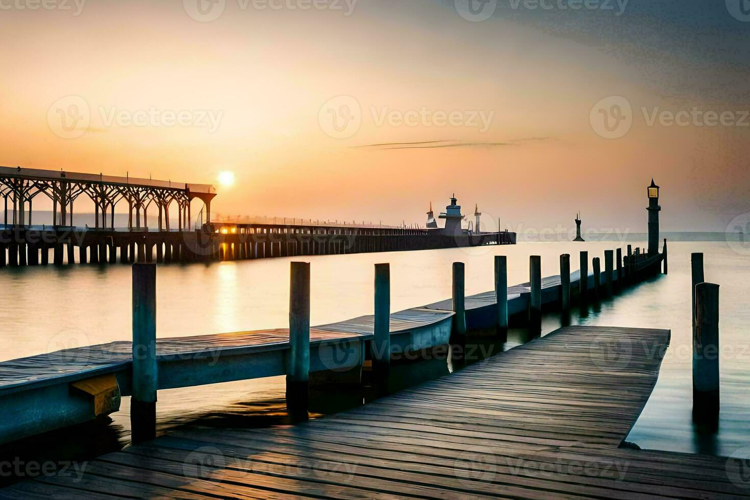 un' molo con di legno messaggi e un' faro a tramonto. ai-generato foto