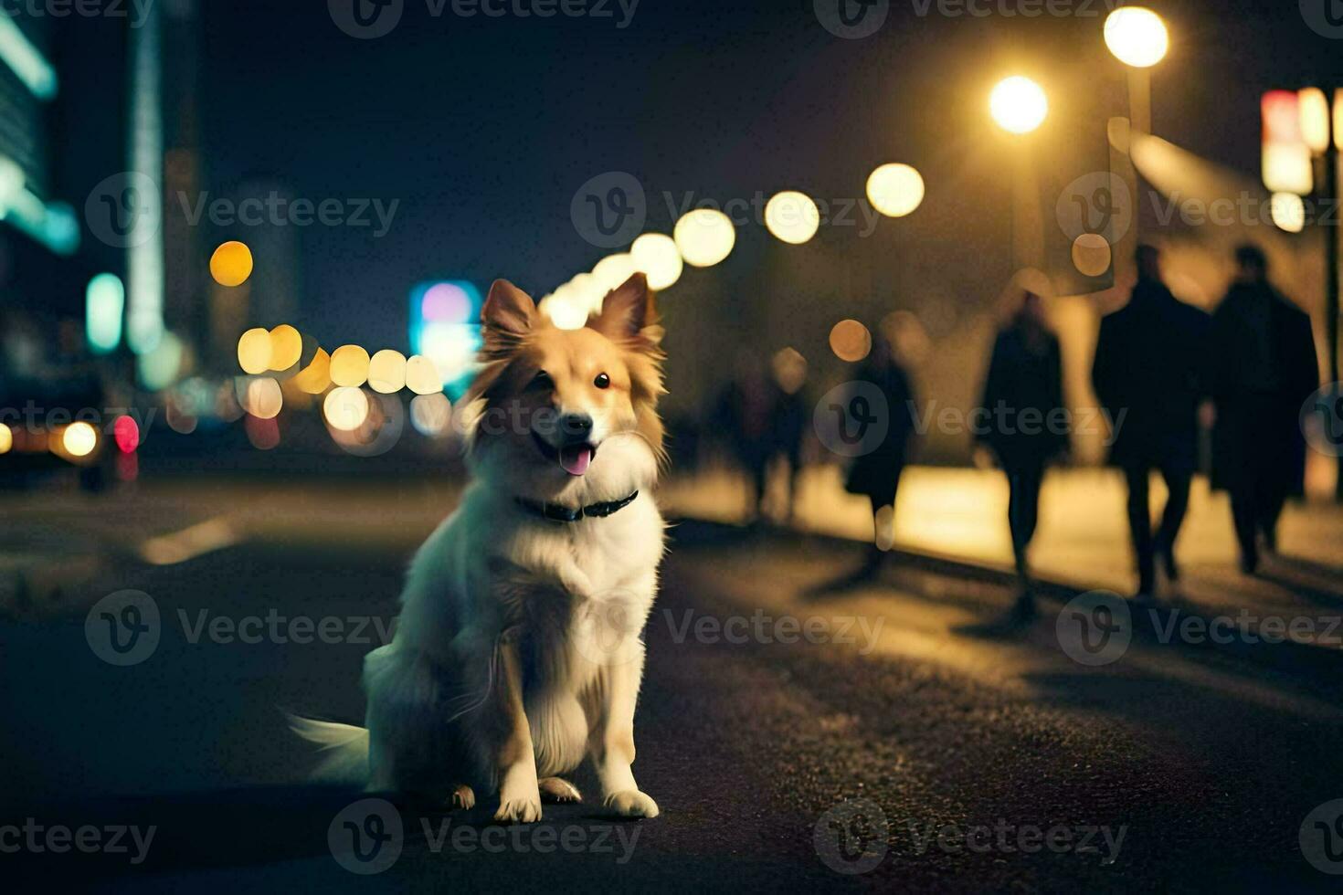 un' cane seduta su il strada a notte. ai-generato foto