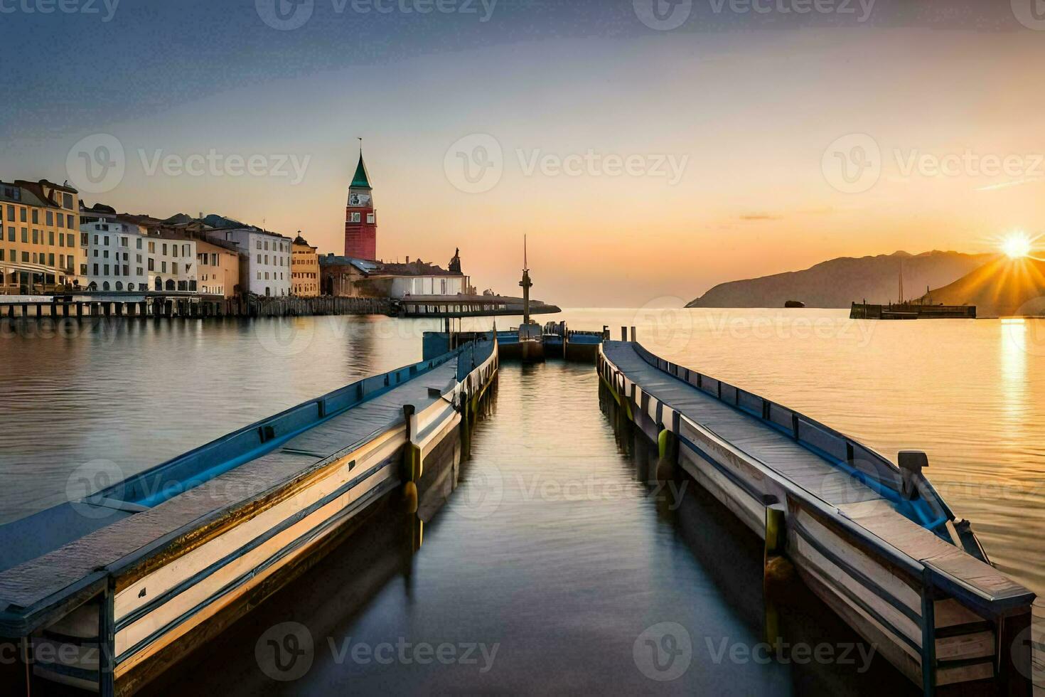 un' barca è attraccato nel il acqua a tramonto. ai-generato foto