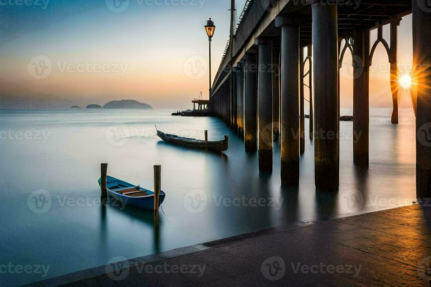 Barche sedersi sotto un' molo a tramonto. ai-generato foto