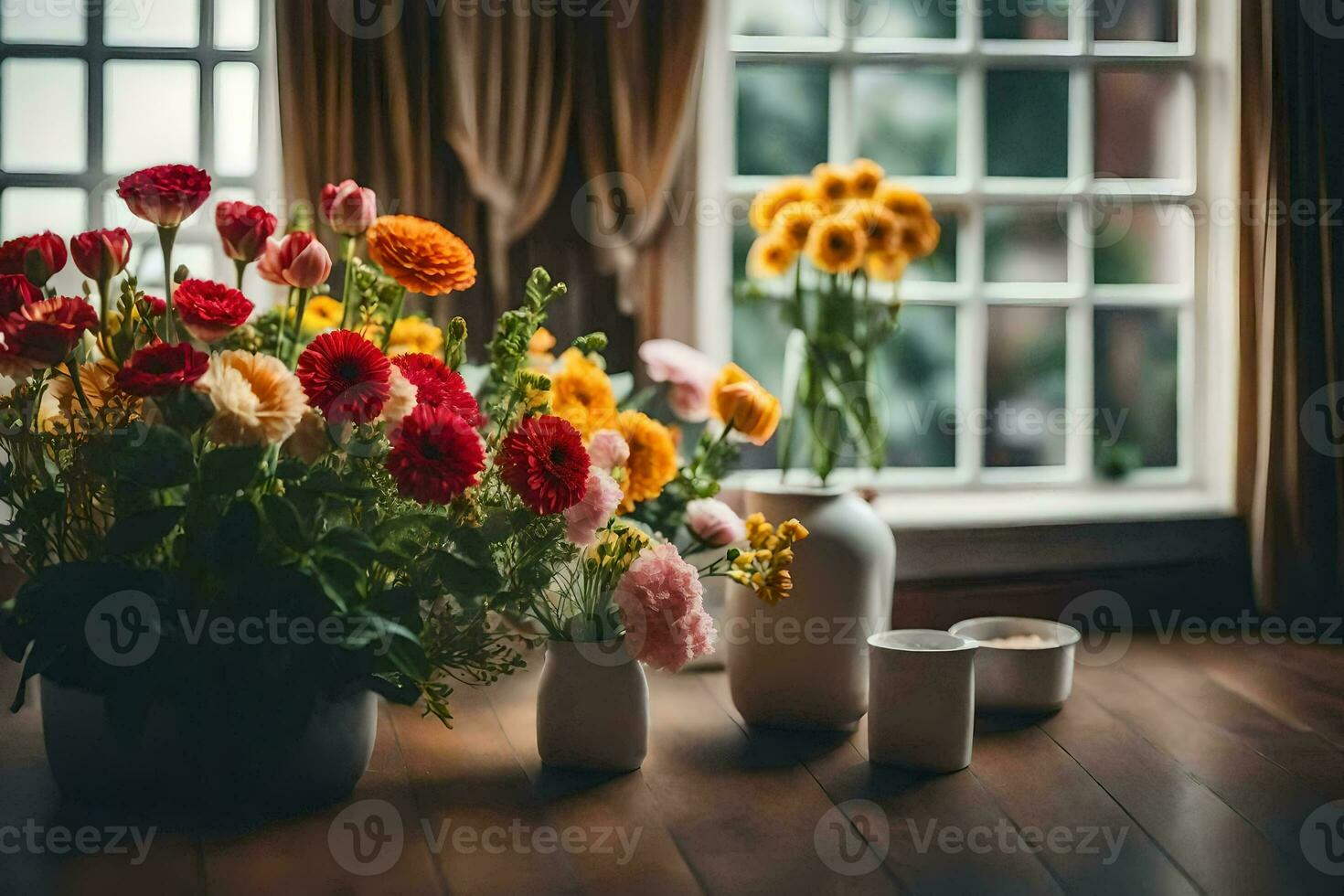 fiori nel vasi su un' di legno pavimento vicino un' finestra. ai-generato foto