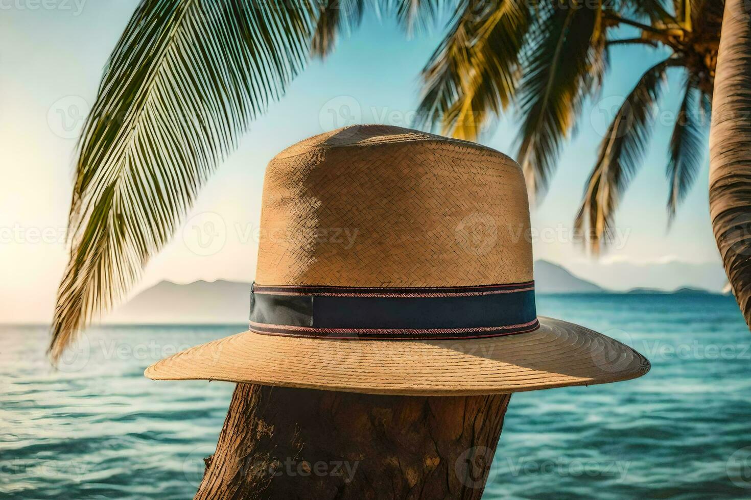un' cappello si siede su un' di legno inviare vicino il oceano. ai-generato foto