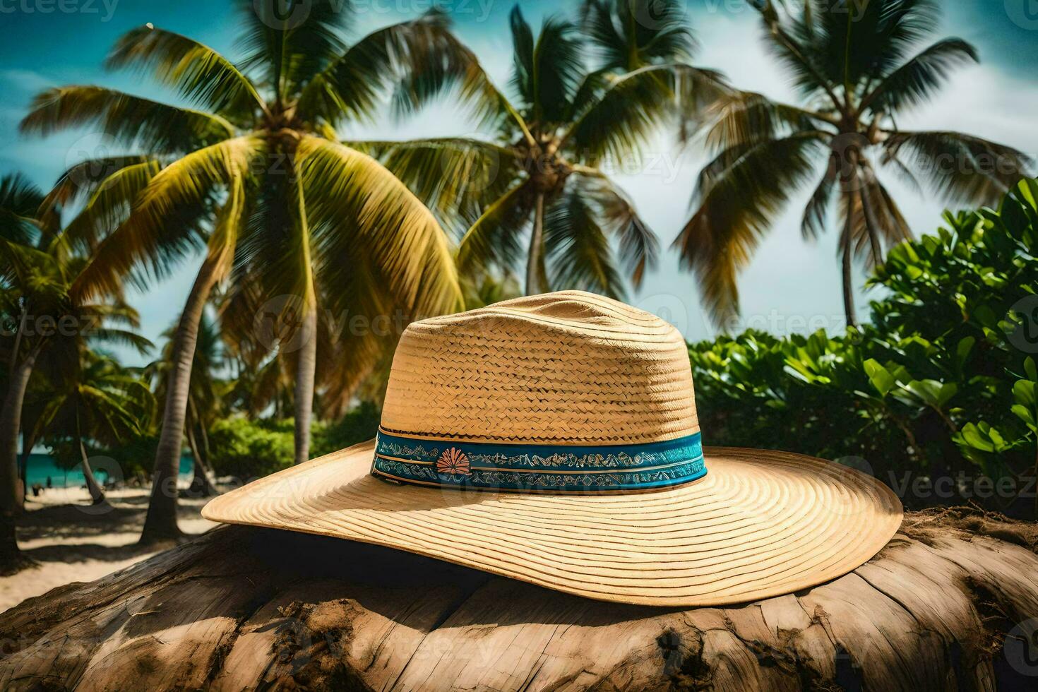 un' cappello si siede su un' albero ceppo vicino palma alberi. ai-generato foto