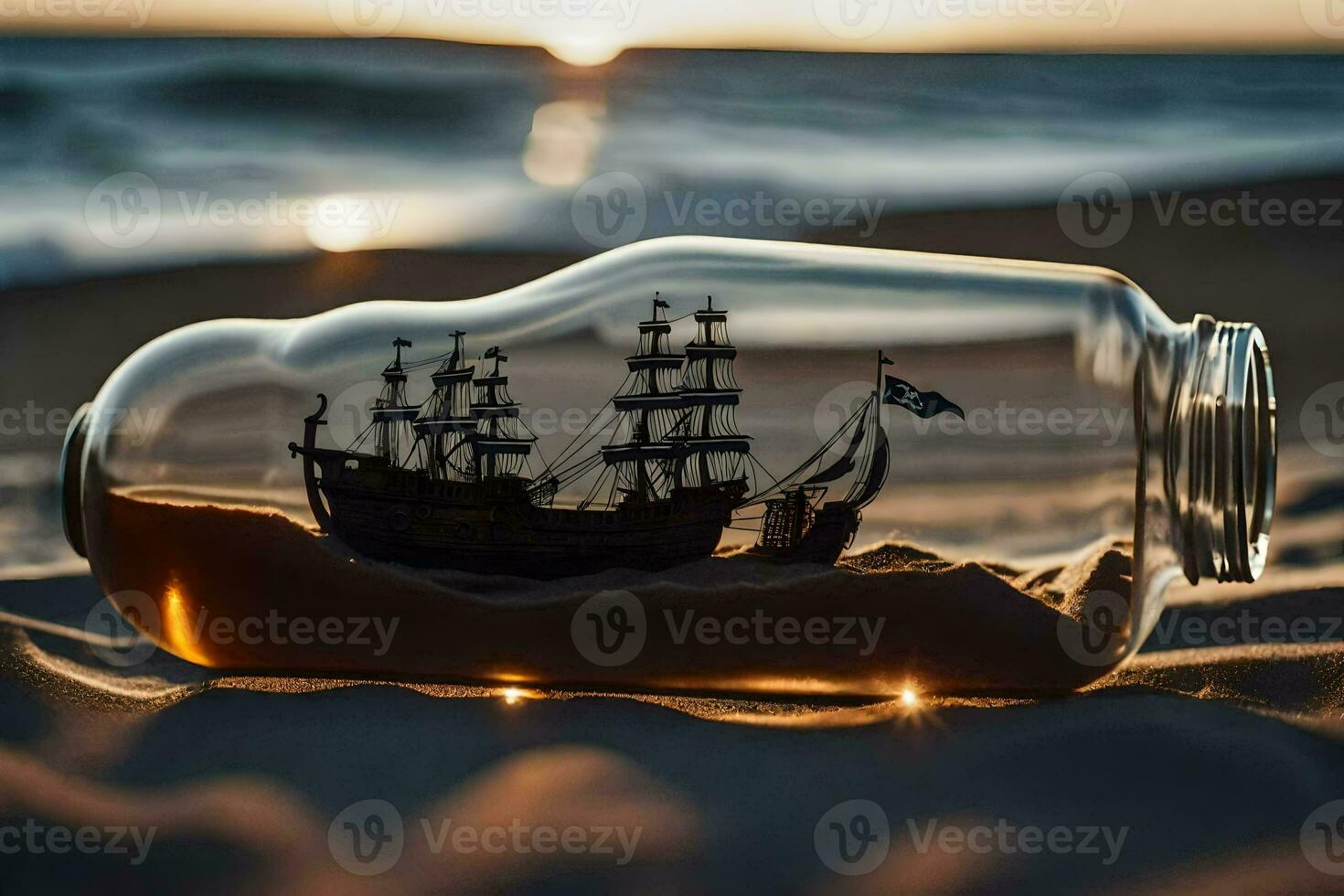 un' nave nel un' bottiglia su il spiaggia. ai-generato foto