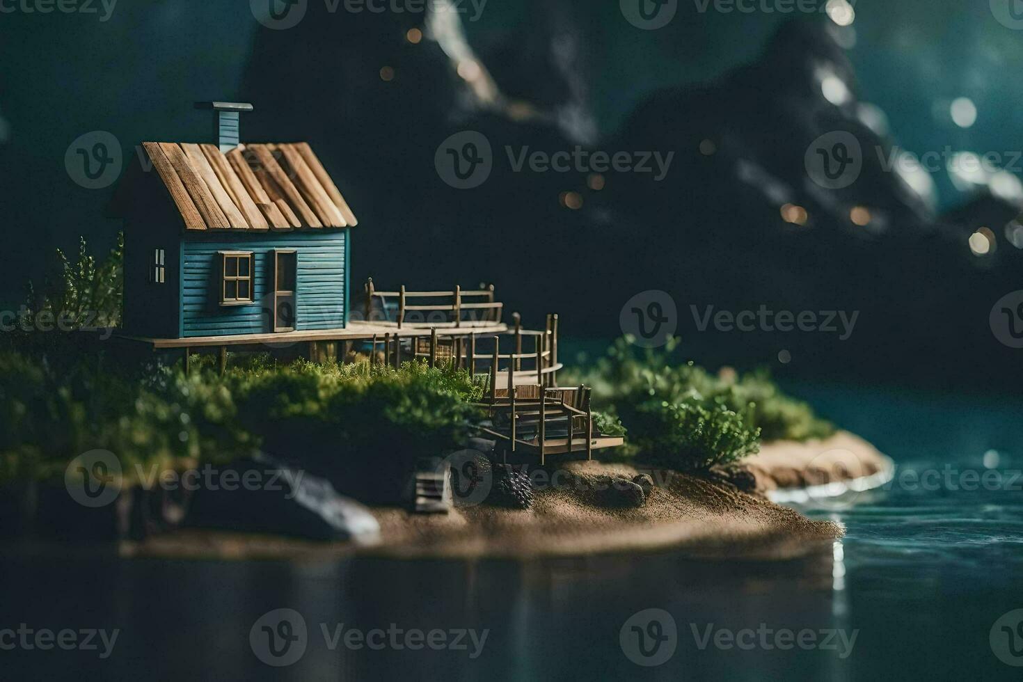 un' miniatura Casa su un isola nel il mezzo di il acqua. ai-generato foto