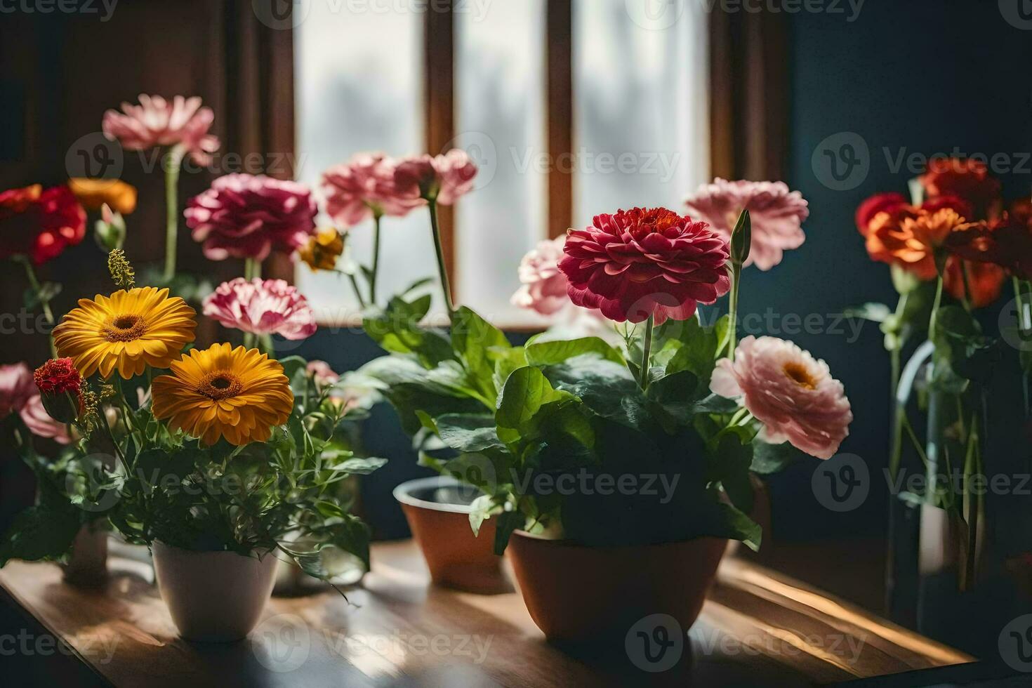 fiori nel pentole su un' tavolo nel davanti di un' finestra. ai-generato foto